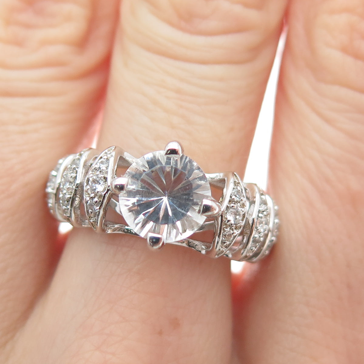 CHUCK CLEMENCY 925 Sterling Silver Real Round-Cut White Topaz C Z Ring Size 7.5