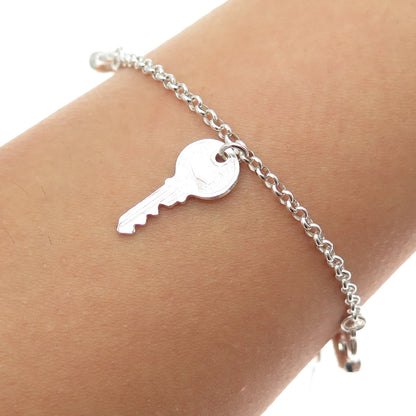 925 Sterling Silver Vintage Key & Heart Charm Rolo Link Anklet / Bracelet 9"