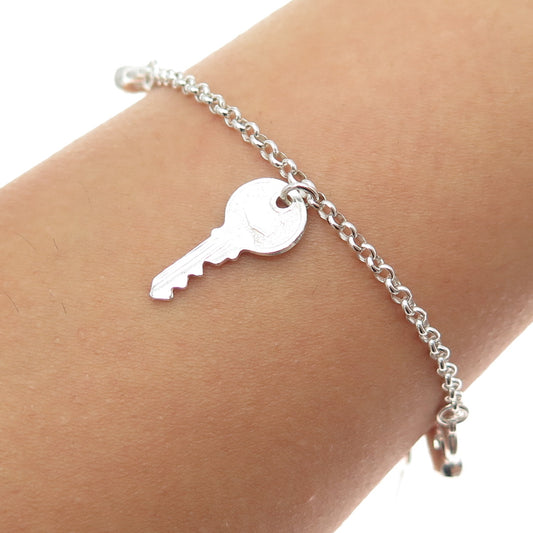 925 Sterling Silver Vintage Key & Heart Charm Rolo Link Anklet / Bracelet 9"