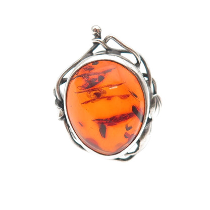 800 Silver Vintage Poland Real Amber Modernist Oxidized Ring Size 7.5