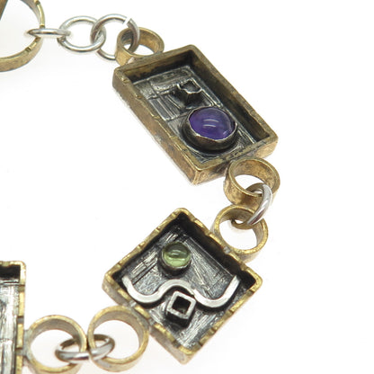 M. LUCIUK 925 Sterling Silver 2-Tone Vintage Multi-Gem Modernist Bracelet 6.5"