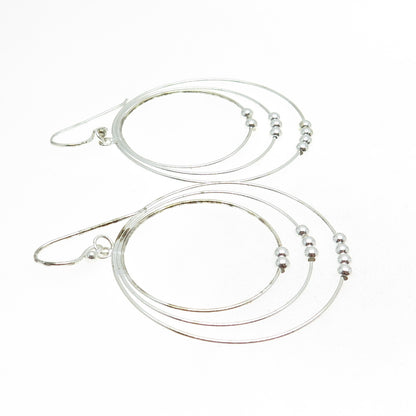 925 Sterling Silver Beaded Triple Circle Dangle Hook Earrings