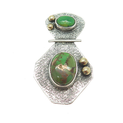 925 Sterling Silver / 18K Gold Vintage Real Green Turquoise Gem Tribal Pendant