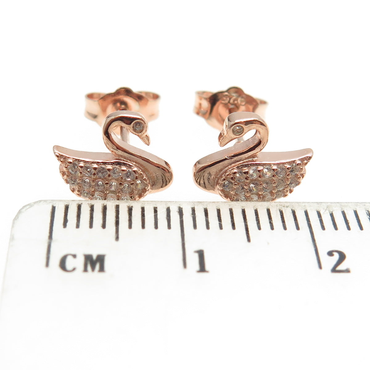 925 Sterling Silver Rose Gold Plated Pave C Z Swan Stud Earrings