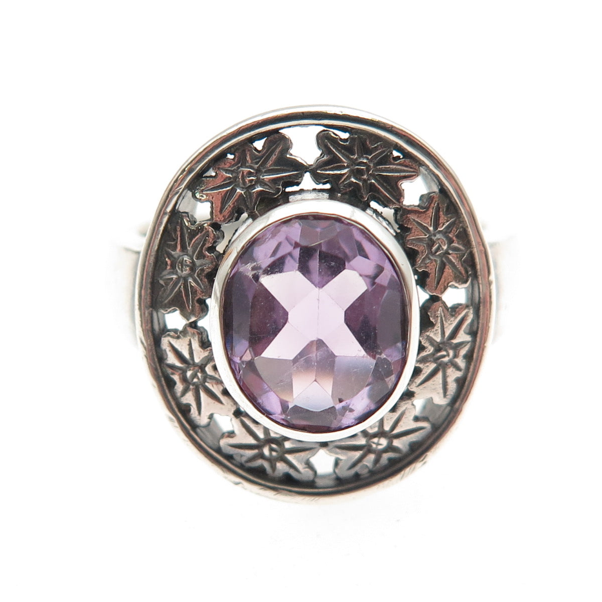 PSCL Peter Stone 925 Sterling Silver Vintage Real Amethyst Sun Ring Size 8.25