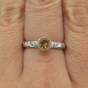 925 Sterling Silver Real White Diamond & Citrine Gemstone Pebble Ring Size 6.75