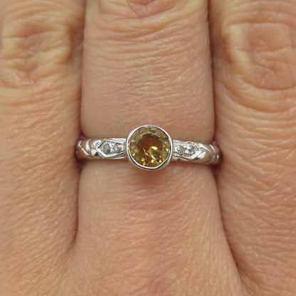 925 Sterling Silver Real White Diamond & Citrine Gemstone Pebble Ring Size 6.75