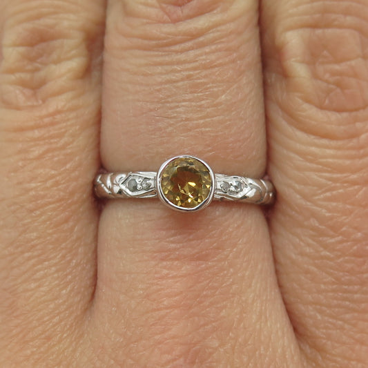 925 Sterling Silver Real White Diamond & Citrine Gemstone Pebble Ring Size 6.75