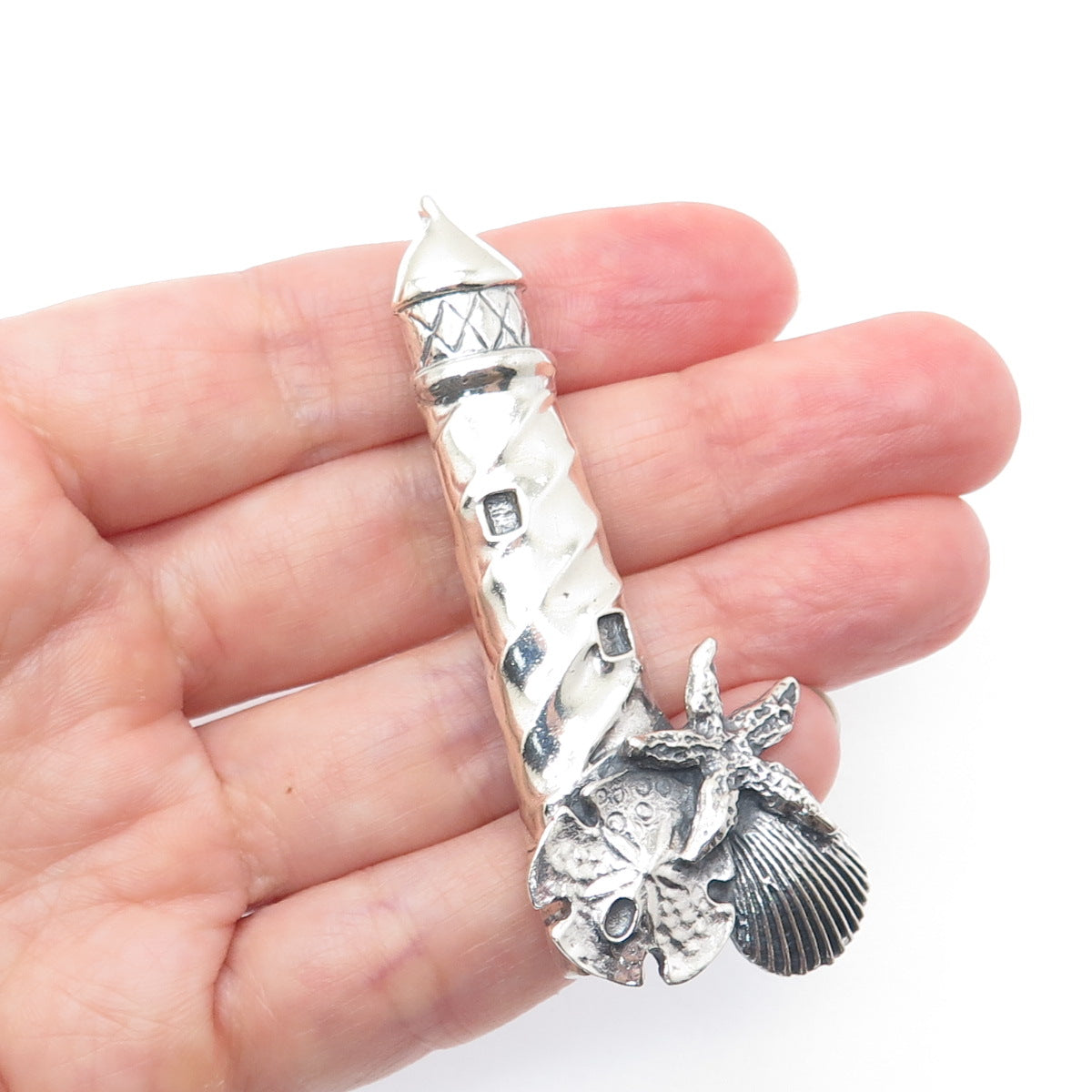 925 Sterling Silver Vintage Lighthouse Sea Life Oxidized Pin Brooch