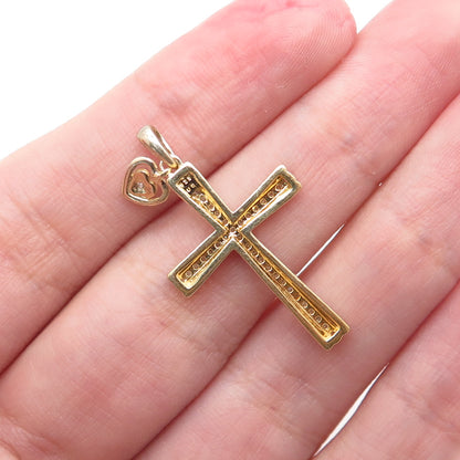 925 Sterling Silver Gold Plated Real Diamond Cross & Heart Charm Pendant