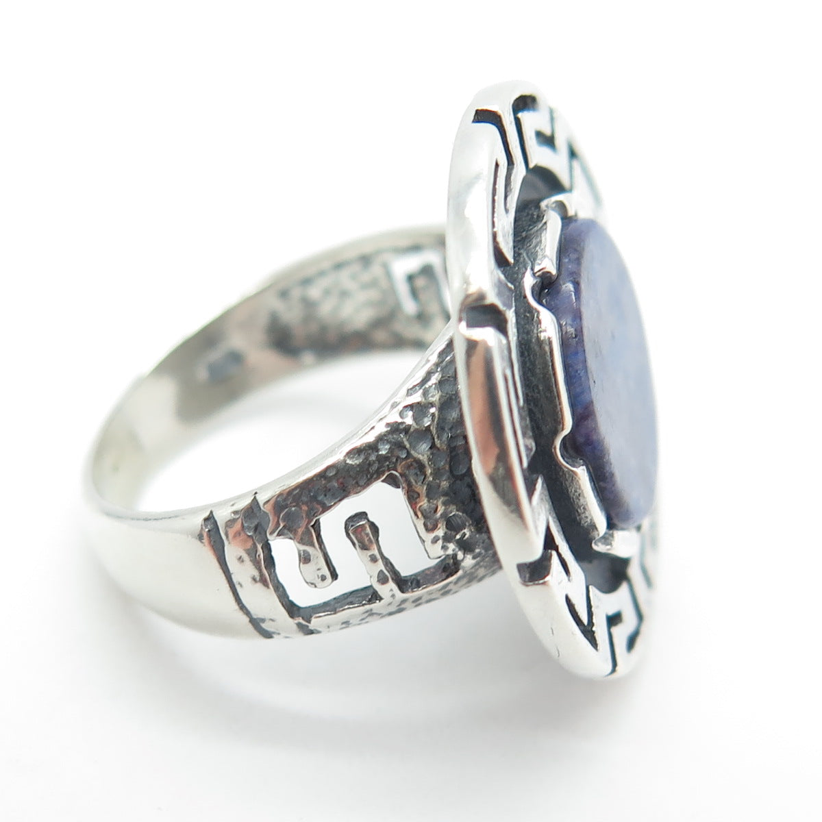 925 Sterling Silver Vintage Real Sodalite Gemstone Greek Maze Ring Size 7.5
