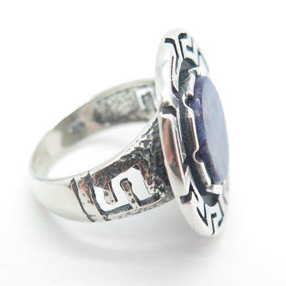 925 Sterling Silver Vintage Real Sodalite Gemstone Greek Maze Ring Size 7.5
