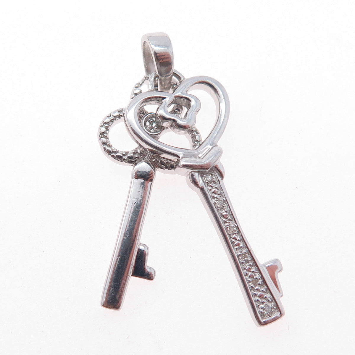 925 Sterling Silver Real Round-Cut Diamond Heart & Club Key Charm Pendant
