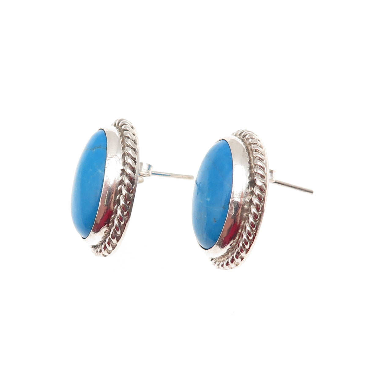 925 Sterling Silver Vintage Real Cabochon Turquoise Roped Earrings
