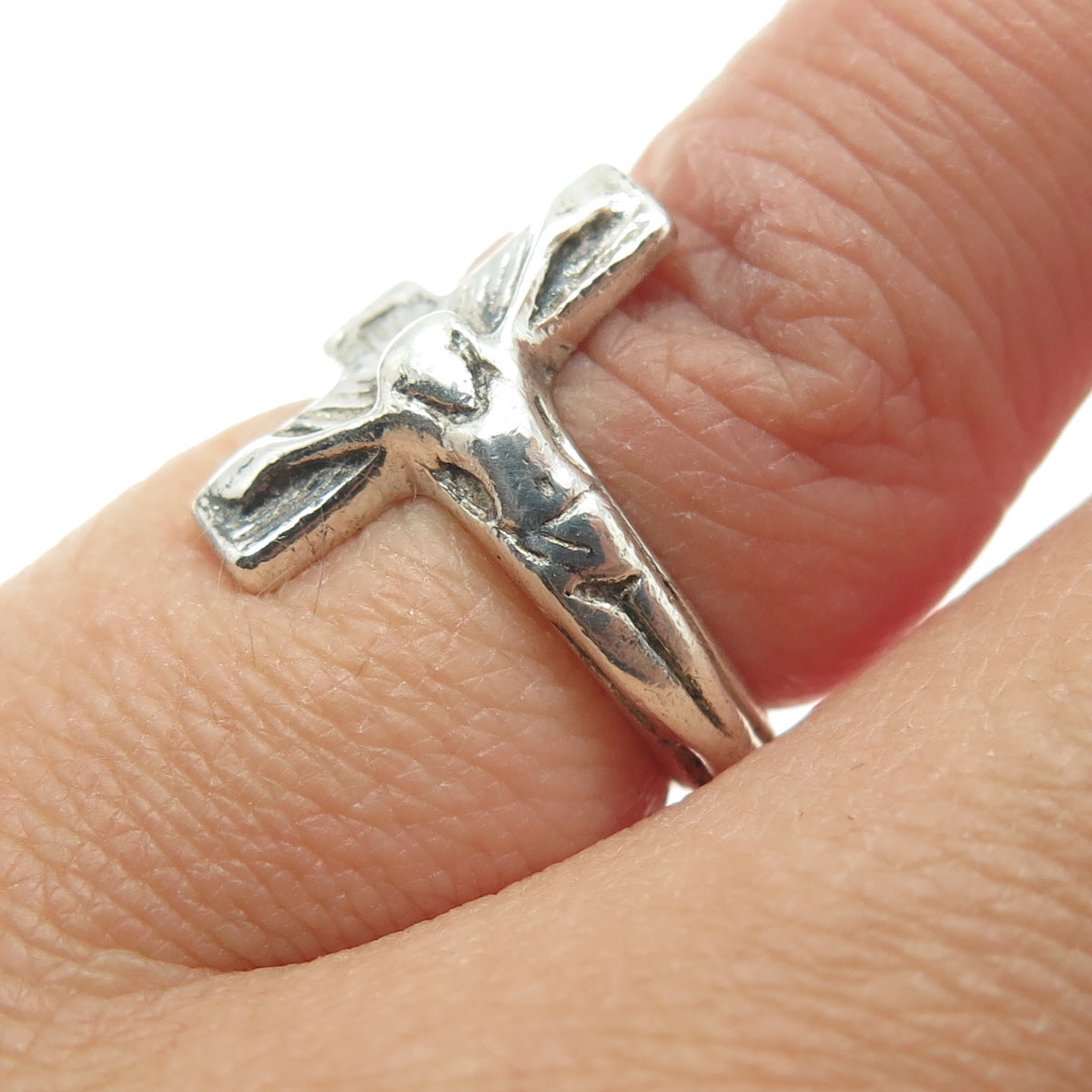 925 Sterling Silver Vintage Crucifix Cross Religious Oxidized Ring Size 3.25