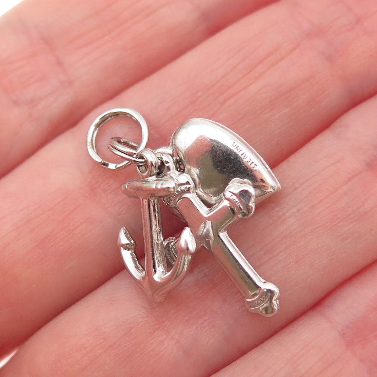 J.M. FISHER 925 Sterling Silver Vintage Heart Cross Anchor Mini Charm Pendant