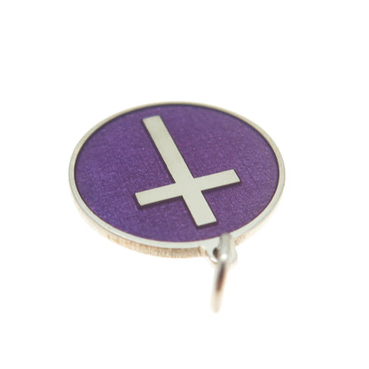 925 Sterling Silver Purple Enamel Cross Round Tag Minimalist Charm Pendant