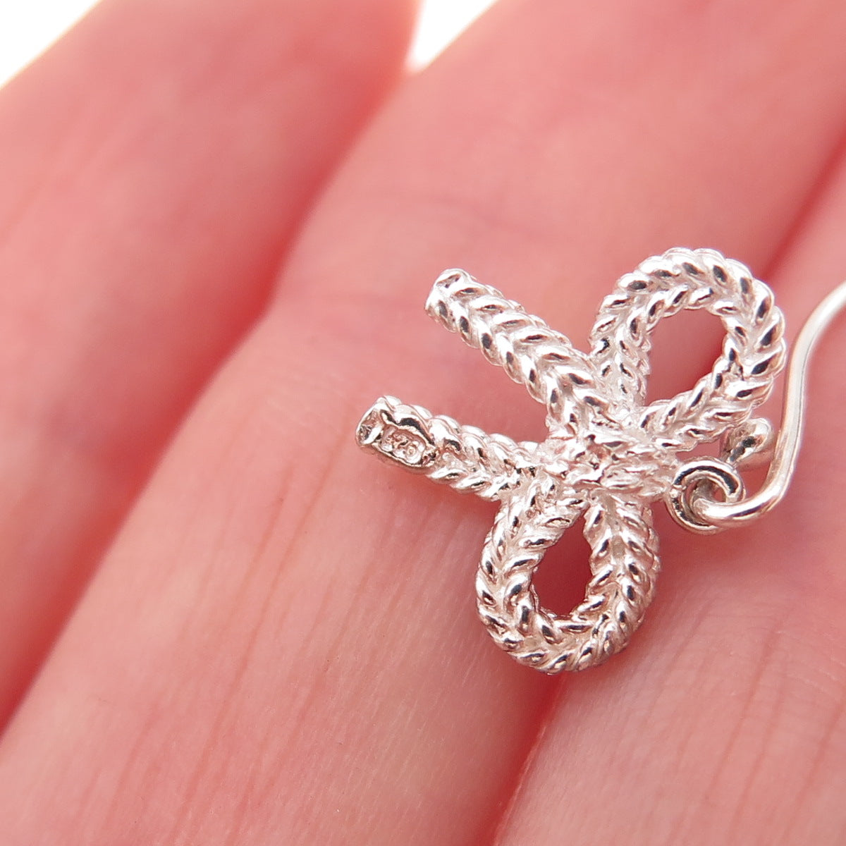 925 Sterling Silver Ribbon Bow Dangle Earrings