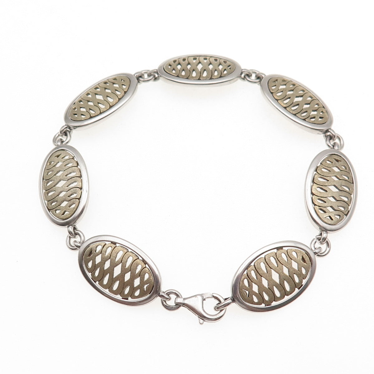 925 Sterling Silver 2-Tone Vintage G Poland Infinity Panel Link Bracelet 7.5"