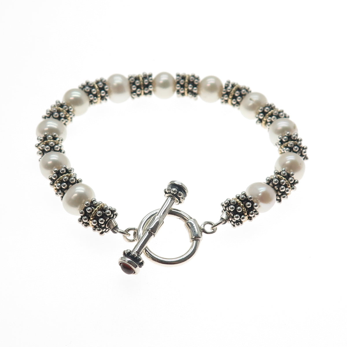 14K Gold 925 Sterling Silver Vintage Real Pearl & Red Garnet Beaded Bracelet 7"