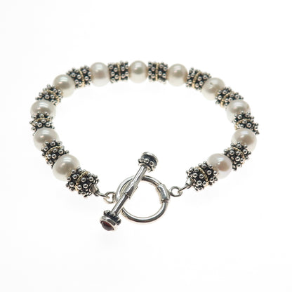 14K Gold 925 Sterling Silver Vintage Real Pearl & Red Garnet Beaded Bracelet 7"