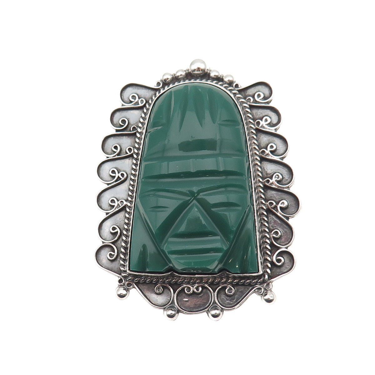 925 Sterling Silver Vintage Mexico Real Green Onyx Aztec God Pin Brooch