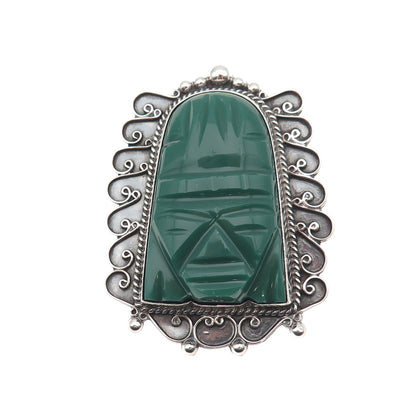 925 Sterling Silver Vintage Mexico Real Green Onyx Aztec God Pin Brooch