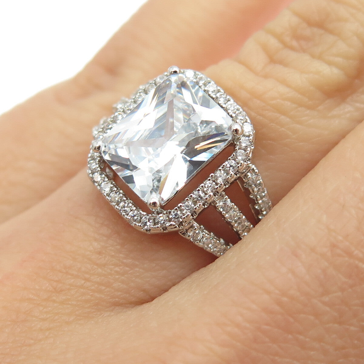 925 Sterling Silver Round & Radiant-Cut C Z Engagement Ring Size 5.5
