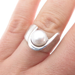 925 Sterling Silver Vintage Real Pearl Modernist Ring Size 6