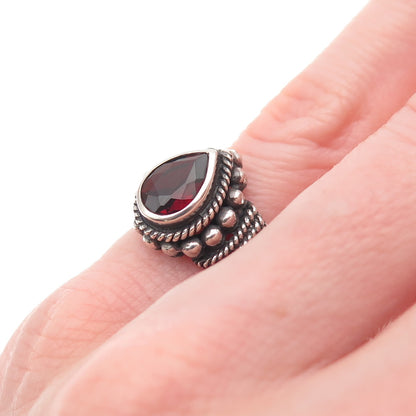 925 Sterling Silver Vintage Real Pear-Cut Red Garnet Oxidized Ring Size 4.5