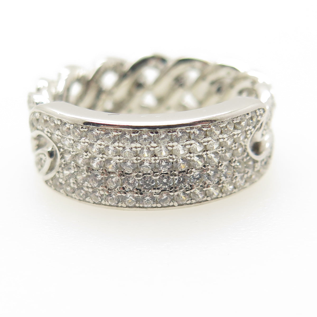 925 Sterling Silver Pave C Z Cuban Chain Band Ring Size 7