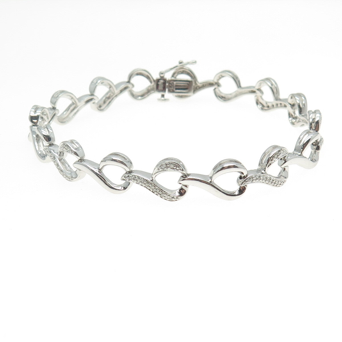 SUN 925 Sterling Silver Real Round-Cut Diamond Heart Link Bracelet 7.25"