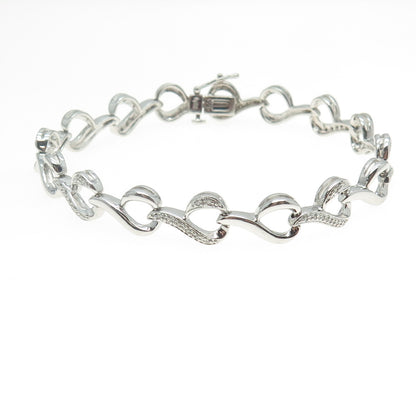 SUN 925 Sterling Silver Real Round-Cut Diamond Heart Link Bracelet 7.25"