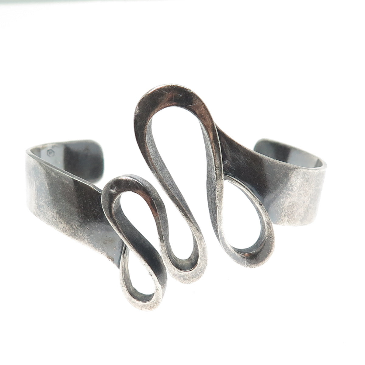 925 Sterling Silver Vintage Modernist Wavy Oxidized Adjustable Bracelet 6.25"