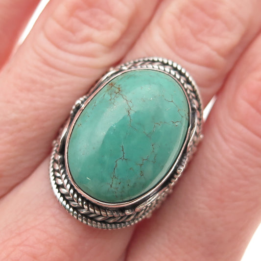 925 Sterling Silver Vintage Real Kingman Turquoise Oxidized Ring Size 8.75