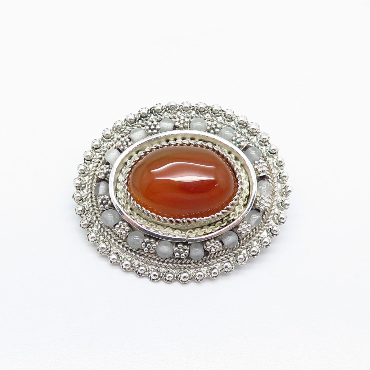 925 Sterling Silver Vintage Israel Agate & Clear Quartz Beaded Brooch / Pendant