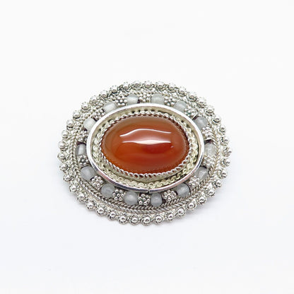 925 Sterling Silver Vintage Israel Agate & Clear Quartz Beaded Brooch / Pendant
