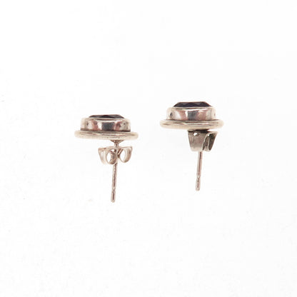 925 Sterling Silver Vintage Real Oval-Cut Amethyst Oxidized Stud Earrings