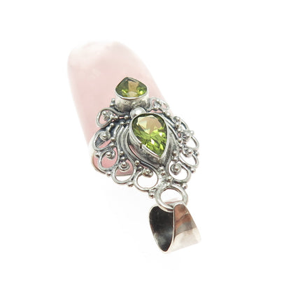 925 Sterling Silver Vintage Real Rose Quartz & Peridot Gemstone Amulet Pendant