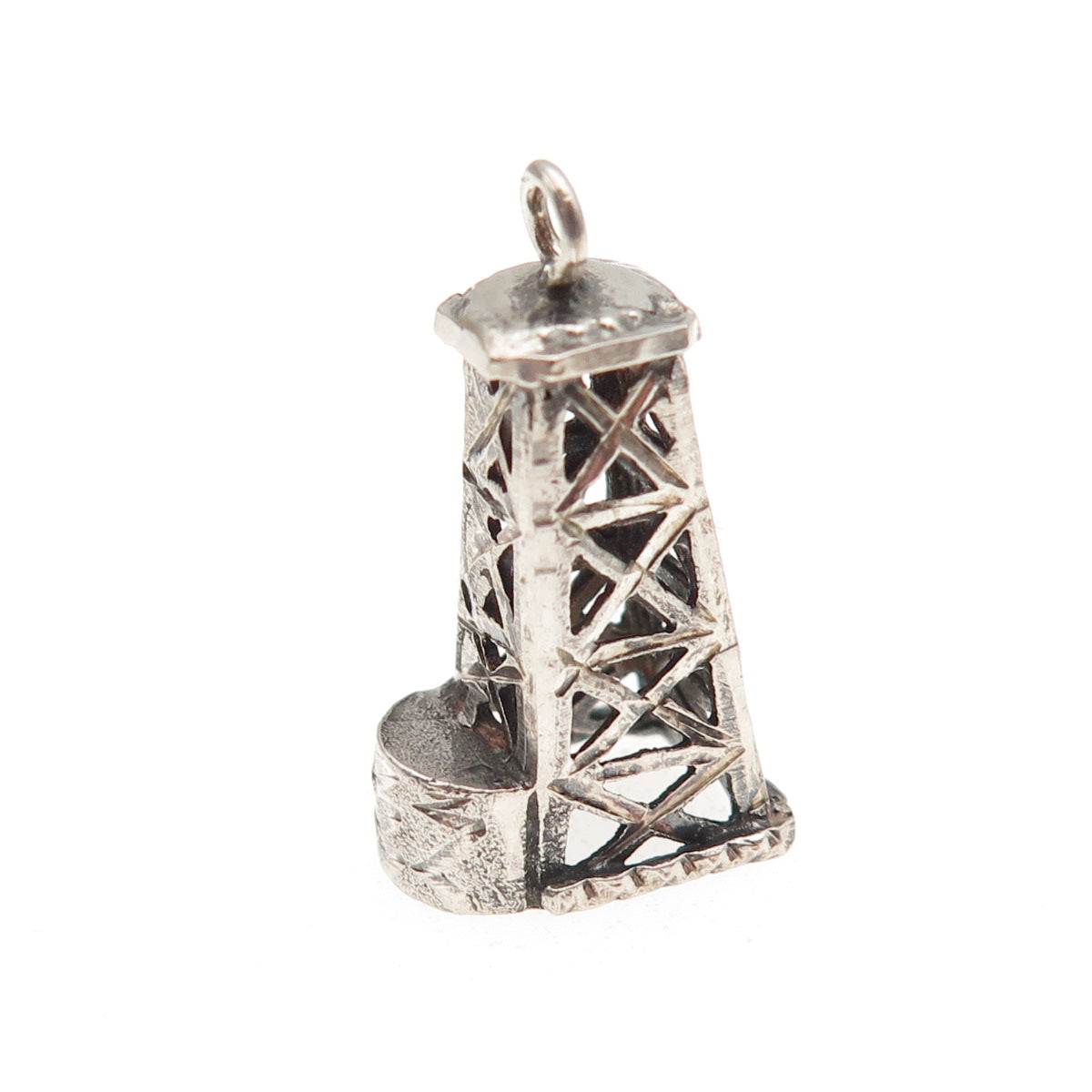 925 Sterling Silver Vintage Oil Derrick Oxidized 3D Charm Pendant
