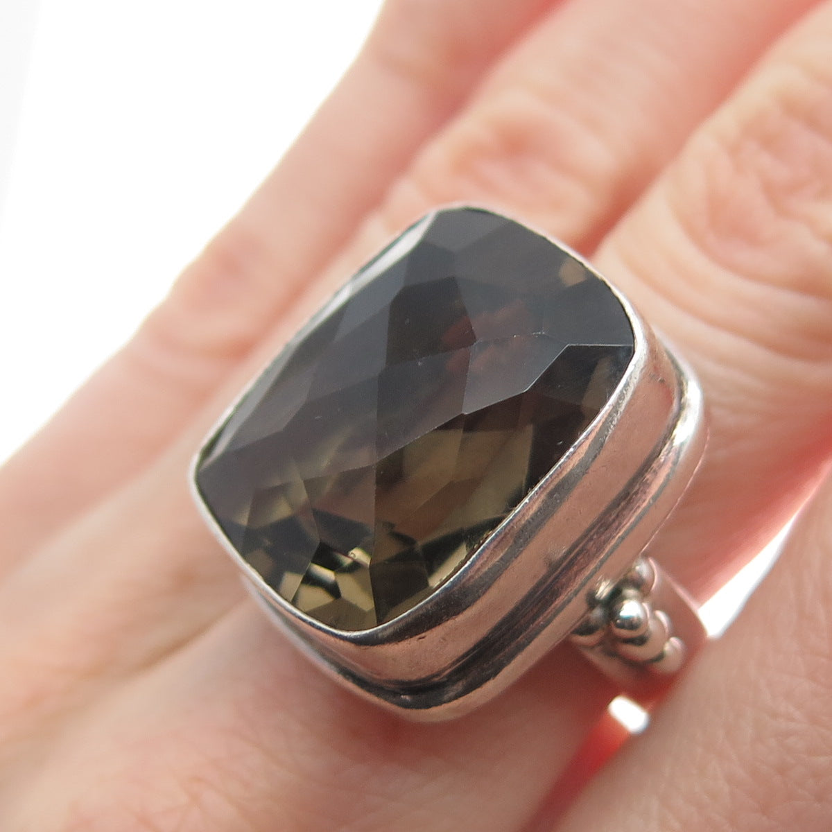 925 Sterling Silver Vintage Real Smoky Quartz Modernist Beaded Ring Size 6.5