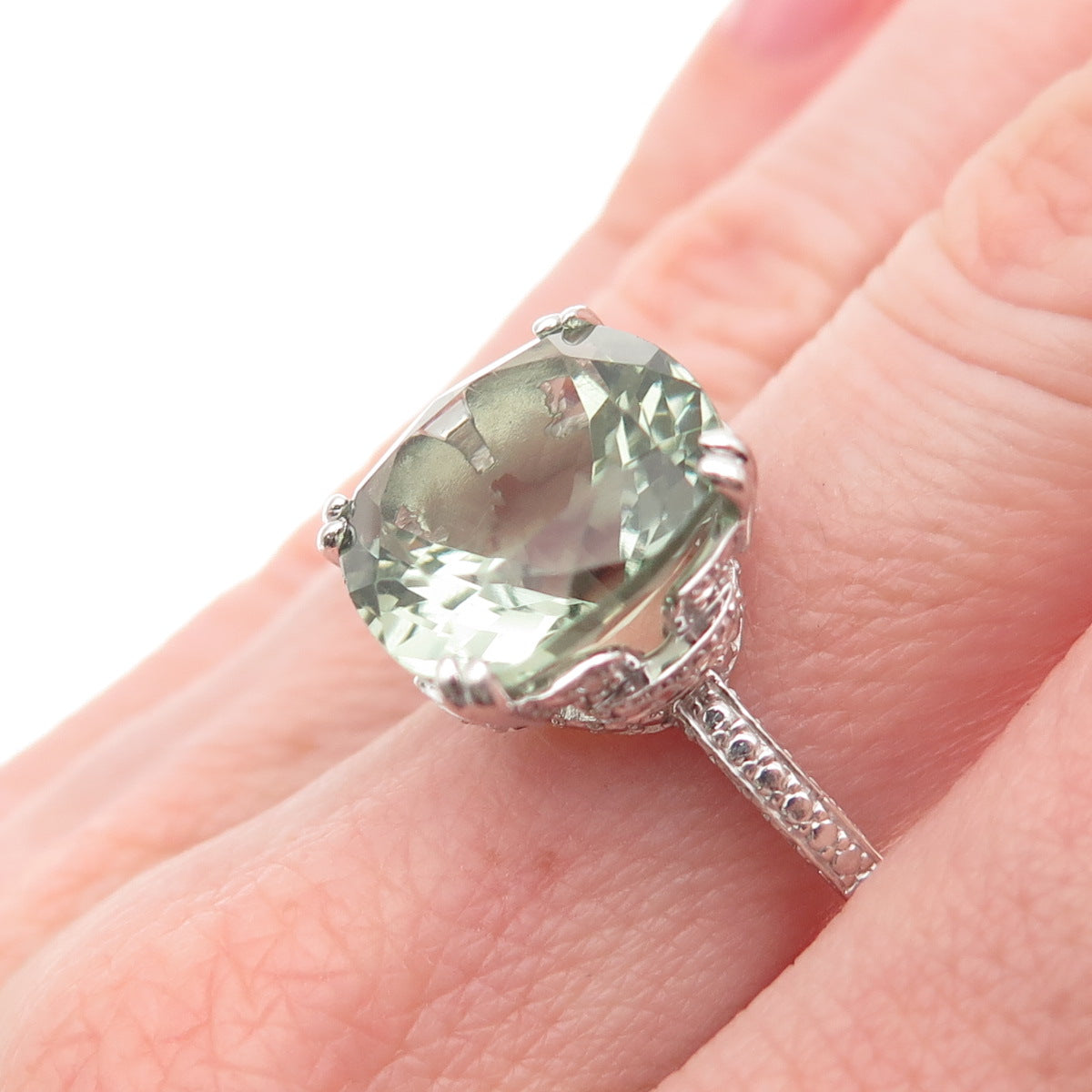 925 Sterling Silver Real Cushion-Cut Green Amethyst Ring Size 7