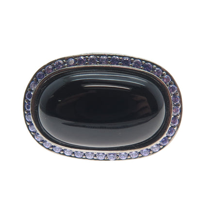 ARZY Sterling Silver Black Rhodium Vintage Real Black Onyx & C Z Ring Size 7.75