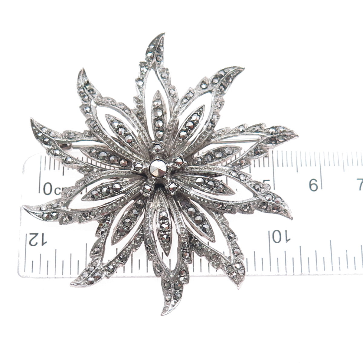 925 Sterling Silver Antique Art Deco Real Marcasite Flower Pin Brooch