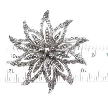 925 Sterling Silver Antique Art Deco Real Marcasite Flower Pin Brooch