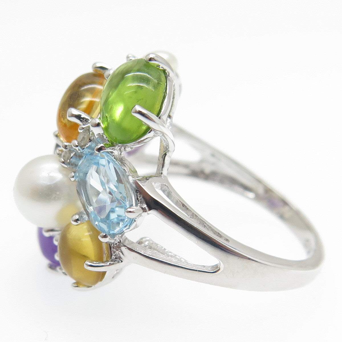 925 Sterling Silver Diamond Pearl Amethyst Citrine Peridot & Topaz Ring Size 7.5