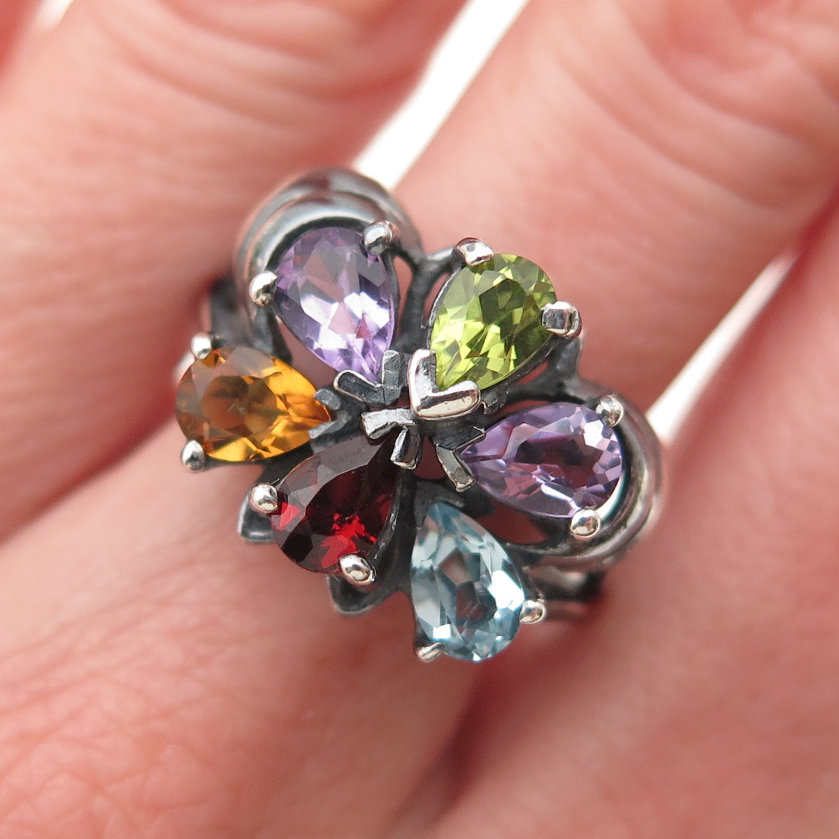 Chapal Zenray Sterling Silver Vintage Real Multi-Gem Butterfly Ring Size 10.75