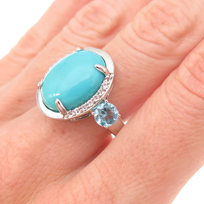 925 Sterling Real Sleeping Beauty Turquoise Blue & White Topaz Ring Size 8