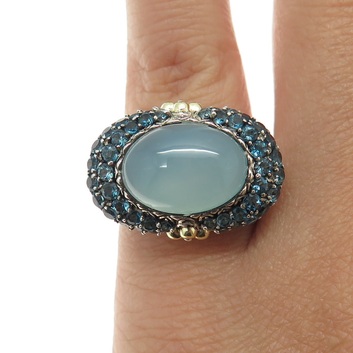 BARBARA BIXBY 18K Gold Sterling Real Chalcedony London Blue Topaz Ring Size 5.25