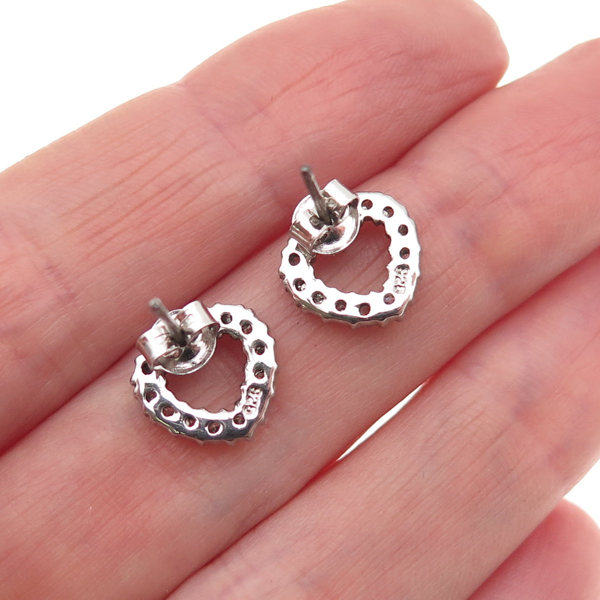 925 Sterling Silver Round-Cut C Z Open Heart Stud Earrings